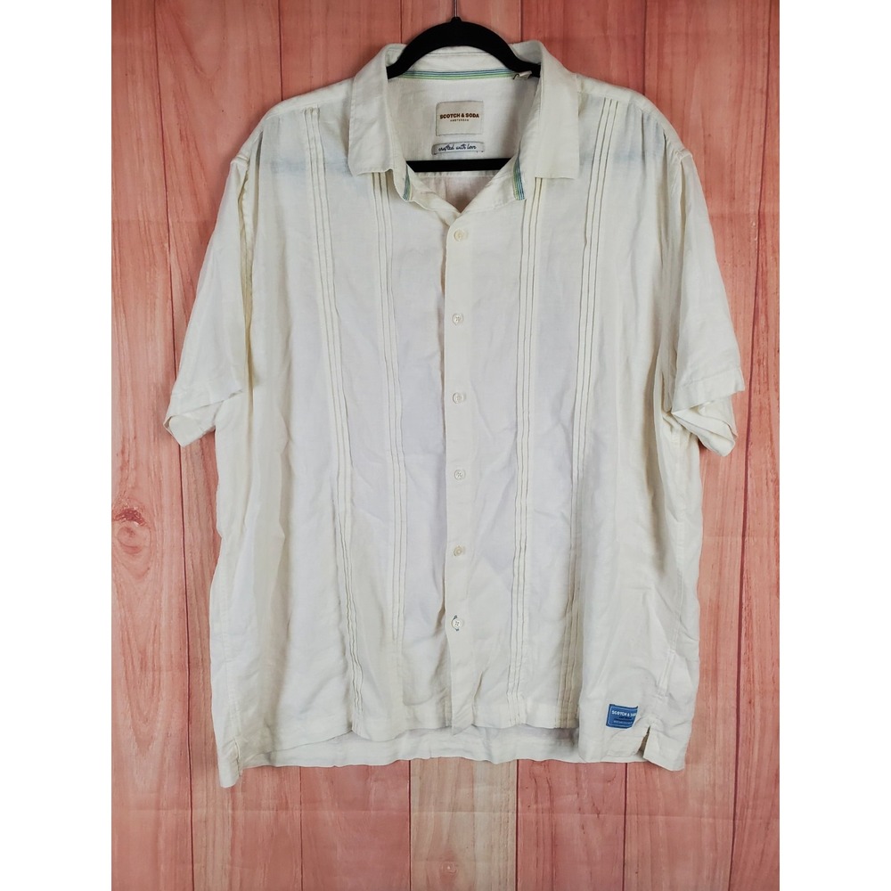 Scotch & Soda Mens Shirt Sz 2XL Ivory Linen Blend Short Sleeve Button-Up Casual